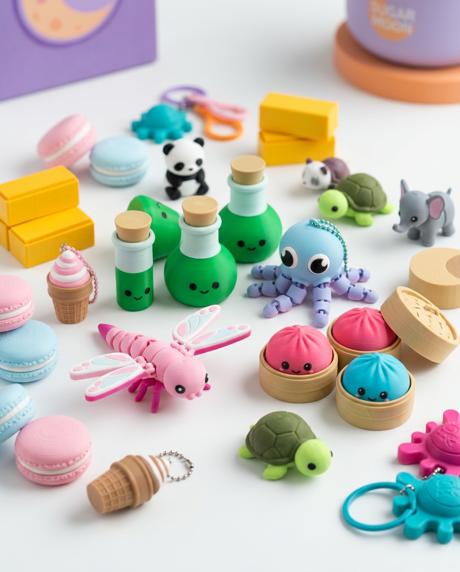 Sugar Moon Studio's colorful 3D printed crafts and keychains