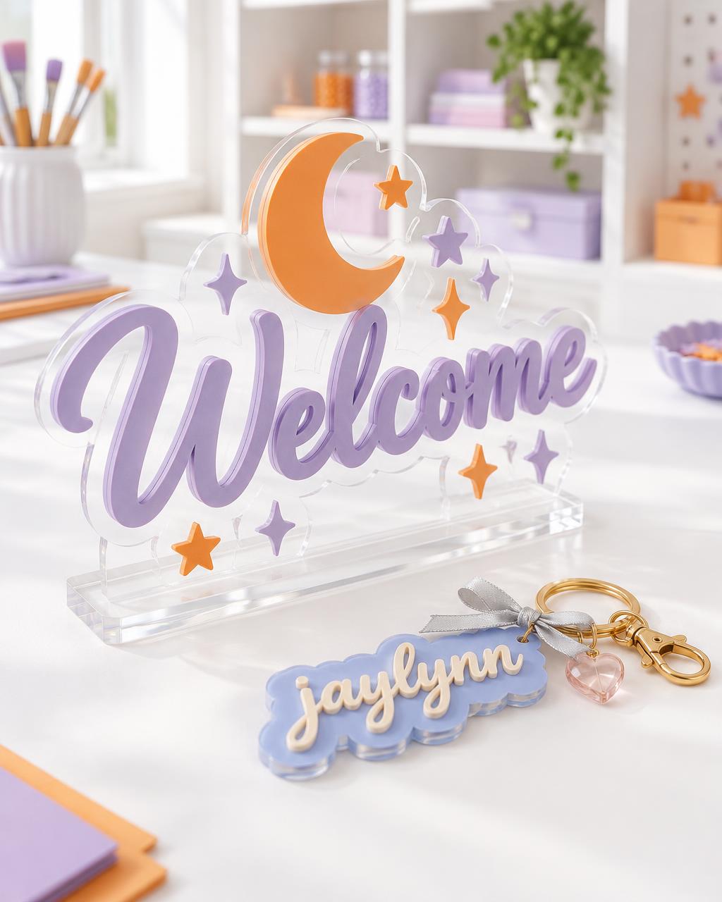 Purple and orange layered acrylic welcome sign